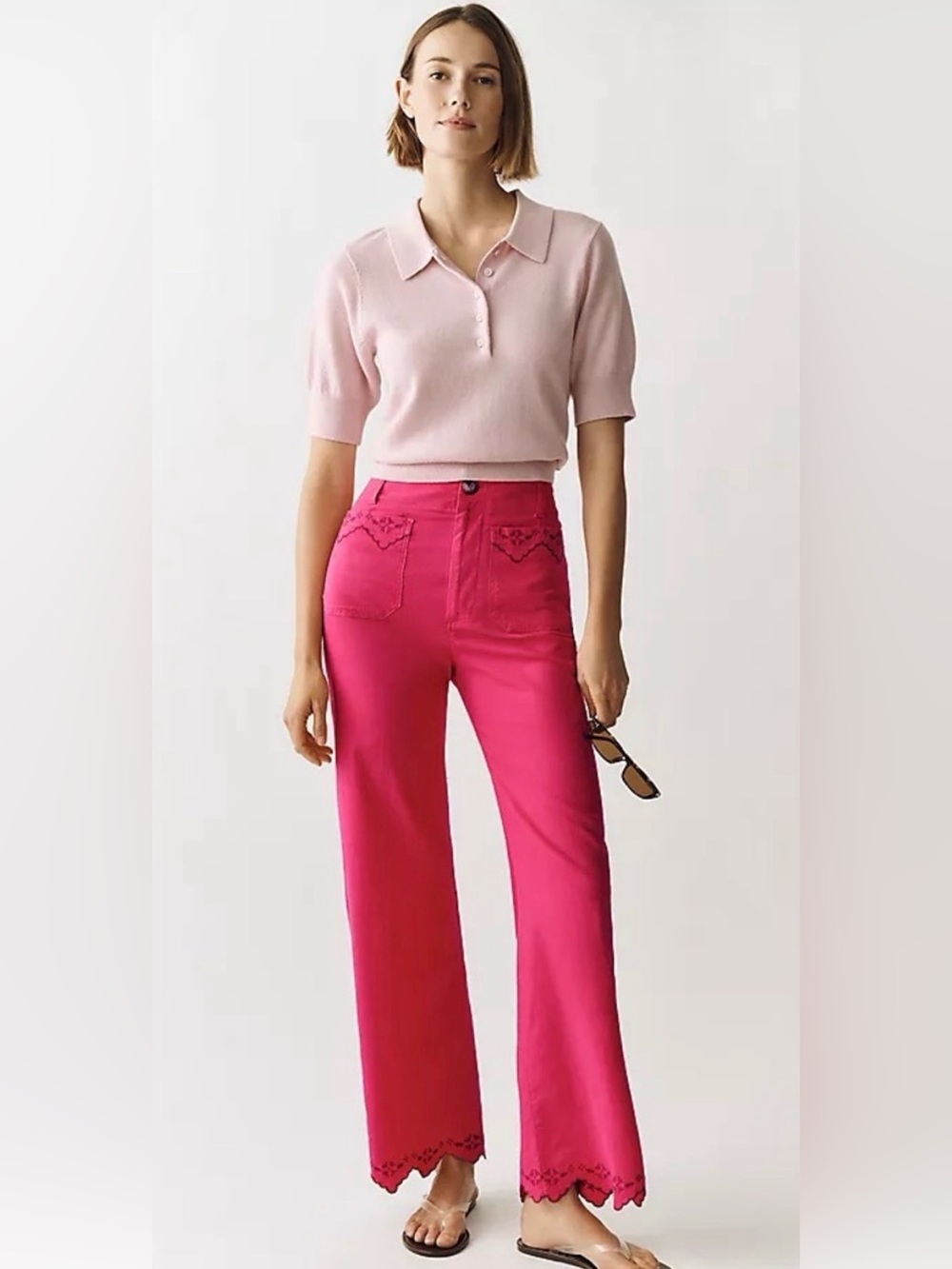 NWT Maeve Collette Lace Trim Full Length High-Rise Wide-Leg Pants Hot Pink 29